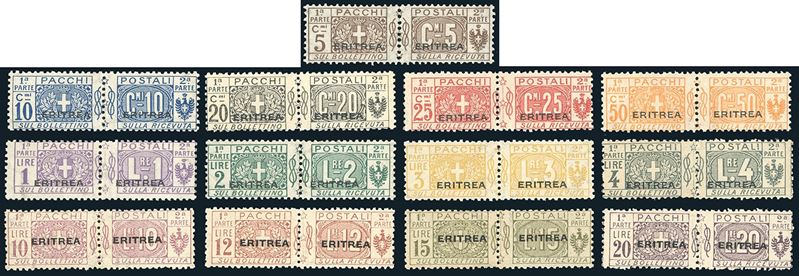 PACCHI POSTALI 1917/24 - Nodo di Savoia al centro, soprastampa grande, serie completa (9/21), gomma originale integra, perfetti. Cert. Ferrario.  - Asta Filatelia - Cambi Casa d'Aste