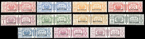 PACCHI POSTALI 1927/37 - Fascio al centro, soprastampati, serie completa (22/32), nuovi, gomma originale integra, perfetti. Molto freschi. Tre alti valori cert. Raybaudi, 10 cent. cert. A.Diena, tutti cert. Ferrario.