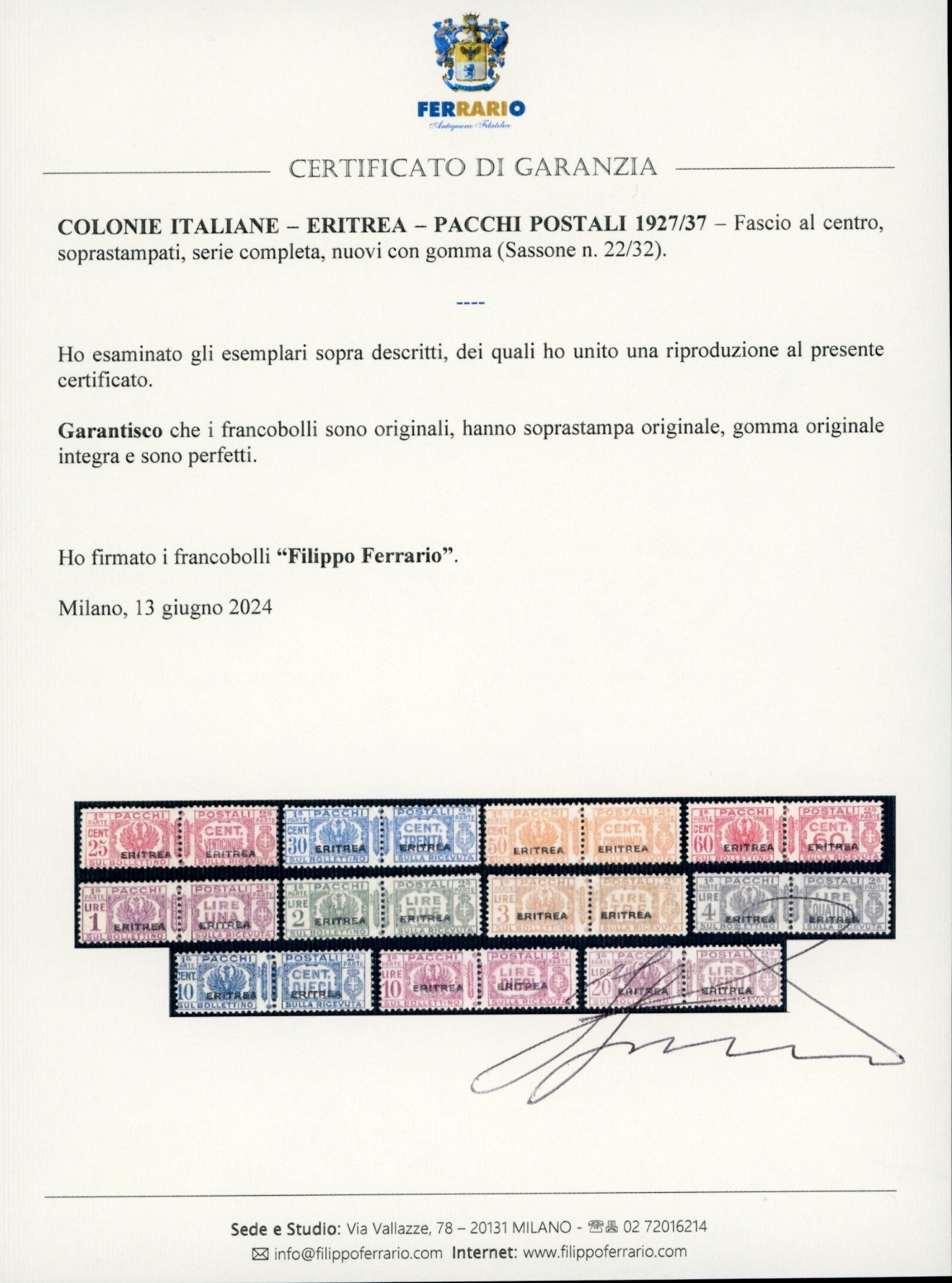 Fascio al centro, Pacchi postali 1927/37, serie completa (22/32), nuovi, gomma originale integra