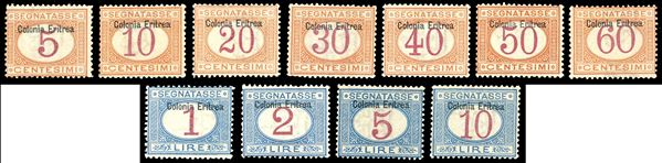 SEGNATASSE 1903 - Soprastampati in alto, serie completa con il raro 10 lire (1/11), gomma originale integra, perfetti. Centratura sopra la media. G.Oliva per i n. 5 e 6, cert. Oro Raybaudi per i n. 10 e 11.
