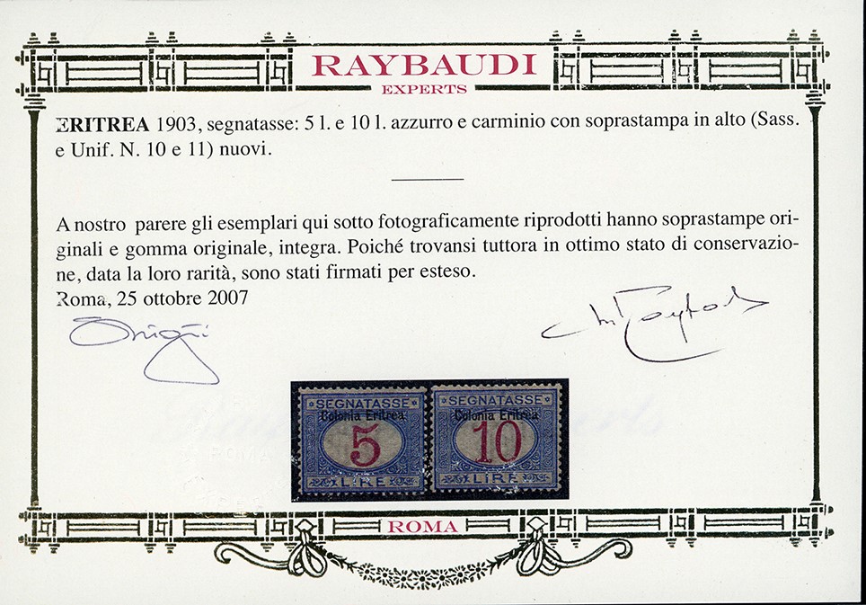 Serie completa di francobolli SEGNATASSE 1903 con raro 10 lire, gomma originale integra