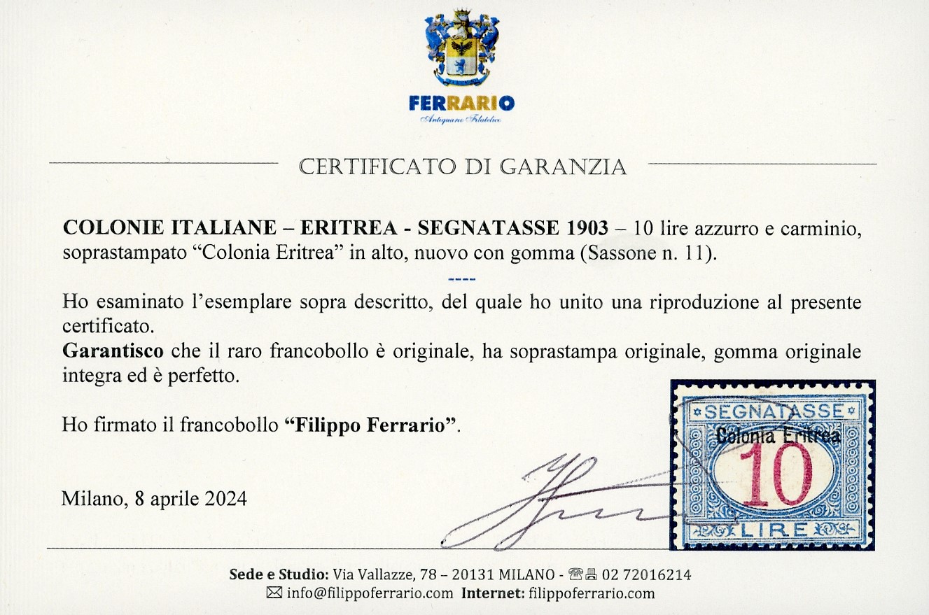 A.Diena, SEGNATASSE 1903 - 10 lire, soprastampato in alto, gomma originale integri