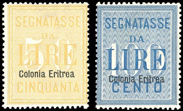 SEGNATASSE 1903 - 50 lire e 100 lire soprastampati, serie completa (12/13), nuovi, gomma originale integra, perfetti. Molto freschi. Cert. Oro Raybaudi.