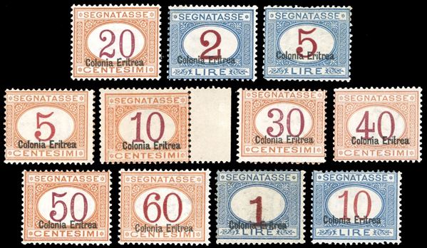 SEGNATASSE 1920/26 - Soprastampati in basso, serie completa (14/24), gomma originale integra, perfetti, solo il basso valore da 1 lire con lievi ossidazioni, gli altri molto freschi. Cert. Cilio per gli alti valori.