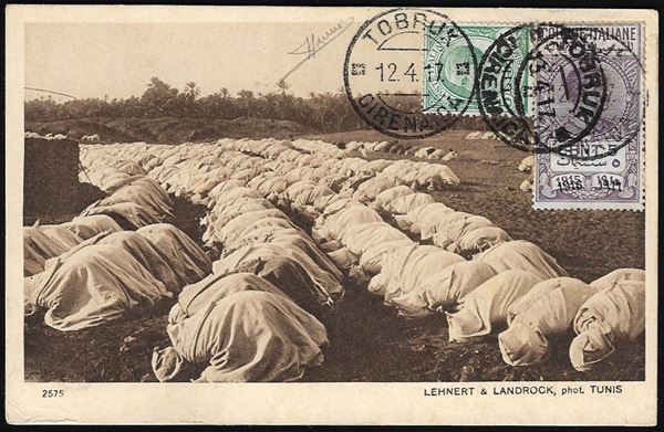 1917 - 5 cent. Leoni soprastampato (3), in affrancatura mista con 5 cent. marca da bollo delle Colonie soprastampata, perfetti, su cartolina da Tobruk 12/4/1917 a Torino. Rara affrancatura mista di valori gemelli. Sorani.
