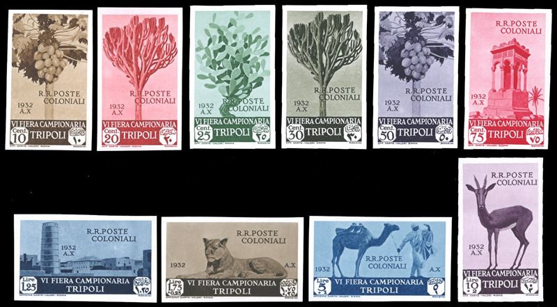 1932 - VI Fiera di Tripoli, prove di lusso su carta gessata, serie completa di posta ordinaria (108/117 nota), non dentellate, senza gomma come sempre, perfette e di ottima qualità. Ferrario.  - Asta Filatelia - Cambi Casa d'Aste