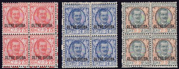 1926 - Floreale soprastampati (42/44), ottima centratura, blocchi di quattro, gomma originale, integra per i due esemplari inferiori, perfetti. Molto belli. (cat. 5.000/10.000€).