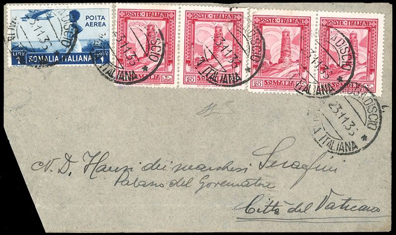 1936 - 20 cent. Pittorica, dent. 14, due coppie, 1 lira posta aerea (217,A21), perfetti, su aerogramma da Mogadiscio 23/11/1936 a Città del Vaticano, bollo di arrivo al verso. Rarissima destinazione, in perfetta tariffa speciale da 80 cent. più soprattassa aerea. Ferrario.  - Auction Philately - Cambi Casa d'Aste