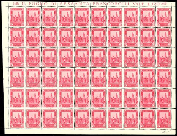1936 - 2 lire Pittorica, dent. 14 (225), foglio completo di 60 esemplari, gomma originale integra, perfetto. Ferrario.