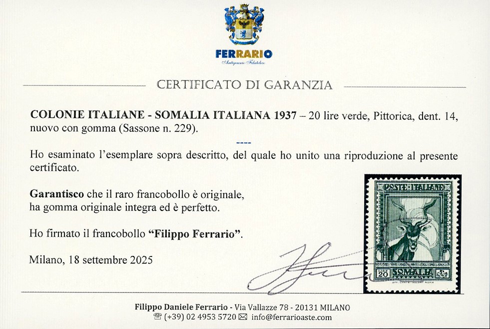 1937 - 20 Lire Pittorica, dent. 14, gomma originale integra, perfetto stato di conservazione