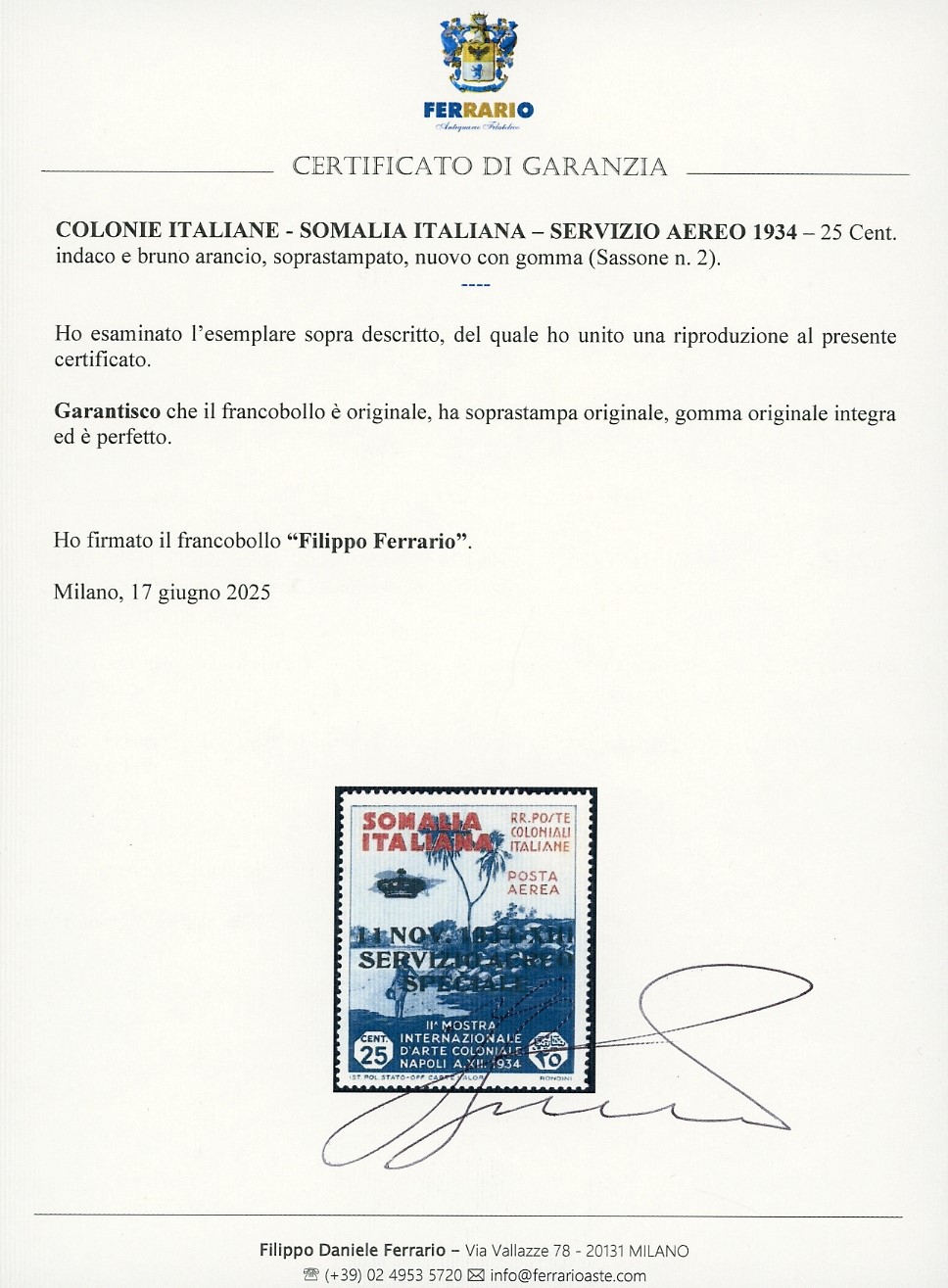 SERVIZIO AEREO 1934, 25 cent. soprastampato, gomma originale integra