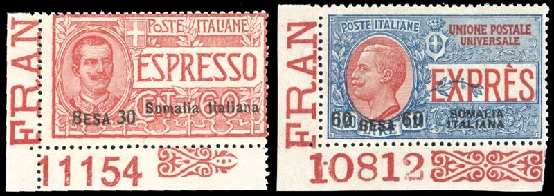 ESPRESSI 1923 - Soprastampati in moneta somala, serie completa (1/2), entrambi angolo di foglio con numero di tavola, gomma originale integra, perfetti e molto freschi. Rari.  - Auction Philately - Cambi Casa d'Aste