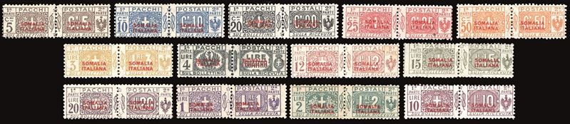PACCHI POSTALI 1926 - Nodo di Savoia, soprastampa in rosso del III tipo, serie completa (30/42), gomma originale integra, leggera traccia di linguella per il basso valore da 4 lire, perfetti.  - Asta Filatelia - Cambi Casa d'Aste