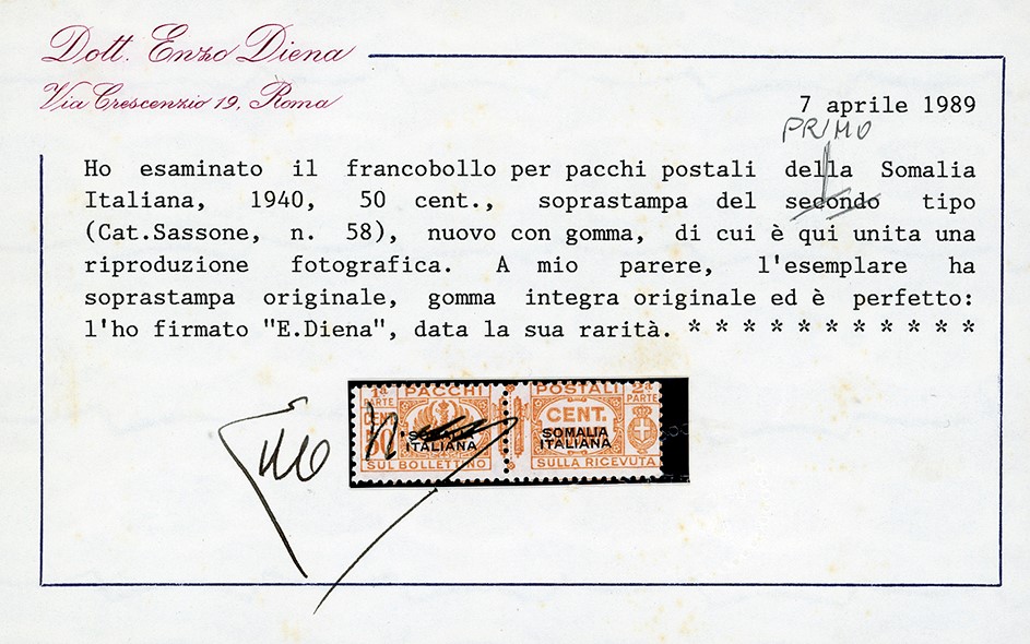 A. Diena, Pacchi Postali 1940 - 50 cent. arancio fasci al centro, soprastampa del I tipo (58)