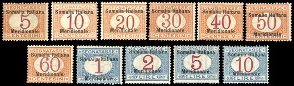 SEGNATASSE 1906 - Soprastampati "Somalia Italiana Meridionale", serie completa (1/11), nuovi, gomma originale integra, perfetti. Molto freschi. Alti valori cert. Enzo Diena.
