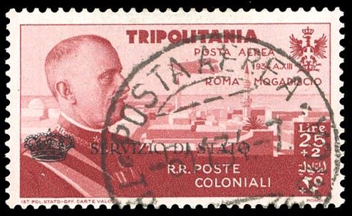 SERVIZIO AEREO 1934 - 25 lire + 2 lire Coroncina (1), usato a Tripoli d'Africa 5/11/1934 nel primo giorno d'emissione, perfetto. Bello e raro. Alberto Diena, cert. Raybaudi ed Enzo Diena.