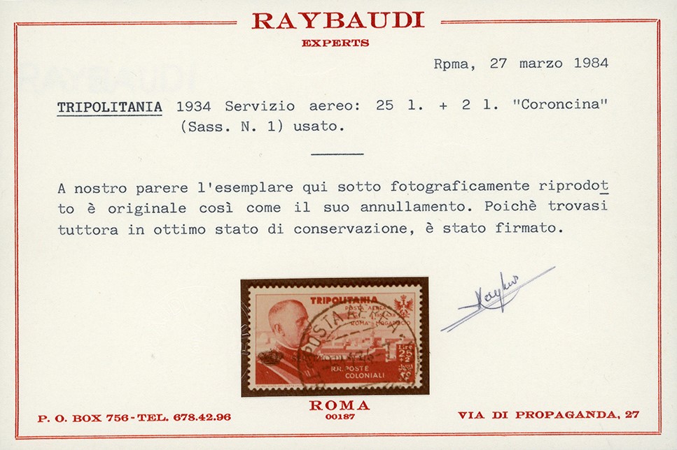 SERVIZIO AEREO, 25 lire + 2 lire Coroncina, emesso il 5/11/1934