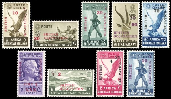 OCCUPAZIONE BRITANNICA AFRICA ORIENTALE 1941 - Soprastampati, non emessi, serie completa (1/9), gomma originale integra, perfetti. Ottima qualità. A.Diena, il 10 lire cert. G.Bolaffi.