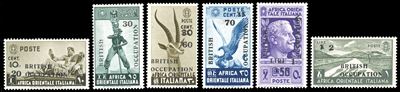 Occupazione Britannica Africa Orientale 1941, serie completa di 6 valori con soprastampa grigio n...