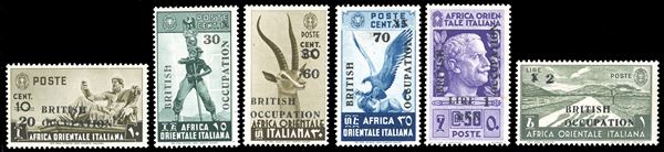 OCCUPAZIONE BRITANNICA AFRICA ORIENTALE 1941 - Soprastampa grigio nera, non emessi, serie completa di 6 valori (2/I-7/I), gomma originale integra, perfetti. Ottima qualità. Cert. Oliva e Ferrario.