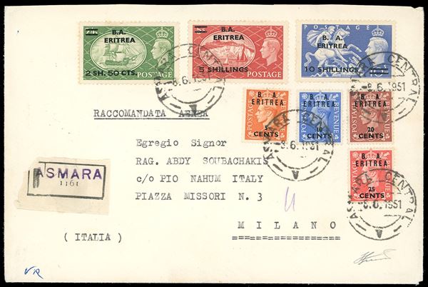 OCCUPAZIONE BRITANNICA ERITREA 1951 - Soprastampa "BA ERITREA" e nuovo valore, serie completa (27/33), perfetti, su raccomandata da Asmara 8/6/1951 a Milano, bollo d'arrivo. Molto bella e raro uso postale degli alti valori della serie. Cert. Ferrario.
