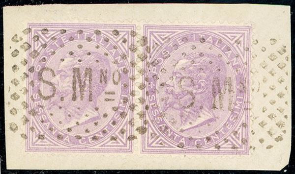 1866 - 60 cent. De La Rue, tiratura di Londra (Regno L21 RSM F7L), coppia, perfetta, usata con il bollo a punti di S.Marino. Splendida ed unica! E.Diena, Sorani, Fiecchi, Chiavarello, Ferrario, cert. Raybaudi.