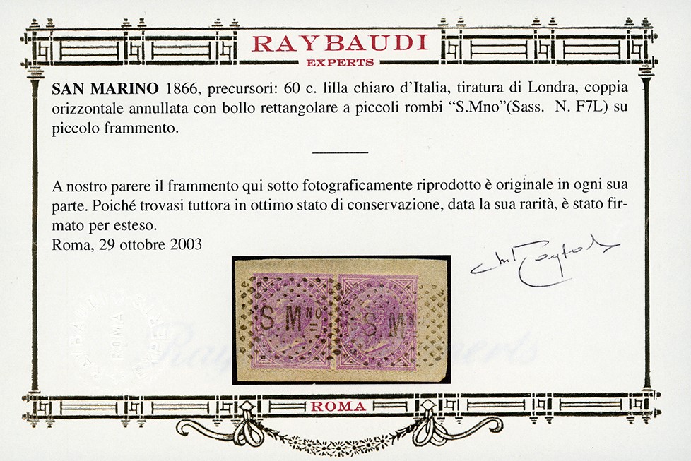 De La Rue, 1866 - 60 centesimi, coppia usata con bollo di San Marino