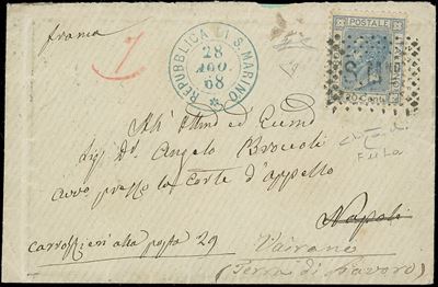 1868, 20 cent. azzurro lillaceo chiaro su busta rinviata da San Marino