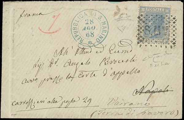 1868 - 20 cent. azzurro lillaceo chiaro, tiratura di Londra (Regno L26a,RSM F11La), perfetto, su busta da S.Marino 28/8/1868, bollo a punti annullatore e doppio cerchio sul fronte, a Napoli, rispedita a Vairano. Rare rispedizione da San Marino. Ferrario, cert. Oro Raybaudi ed E.Diena.