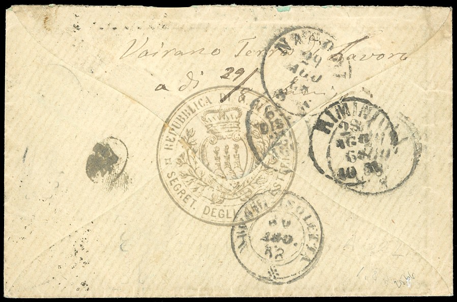 1868, 20 cent. azzurro lillaceo chiaro su busta rinviata da San Marino