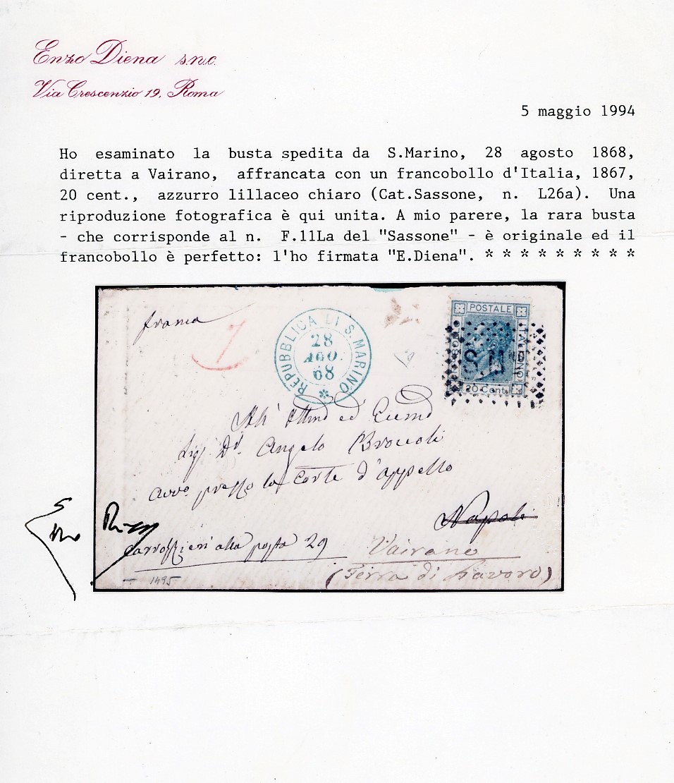 1868, 20 cent. azzurro lillaceo chiaro su busta rinviata da San Marino