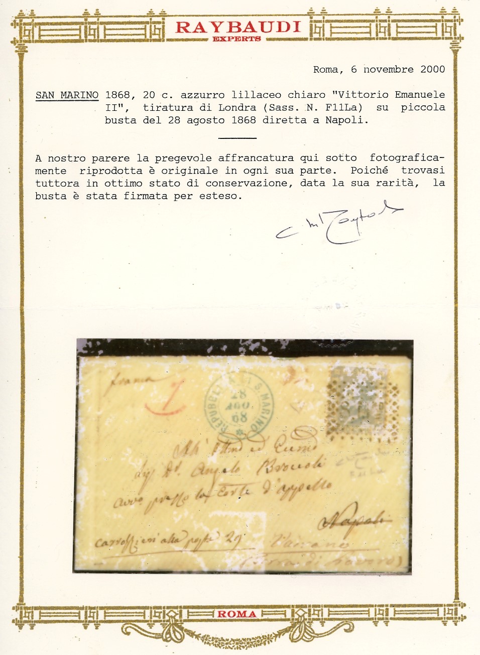 1868, 20 cent. azzurro lillaceo chiaro su busta rinviata da San Marino