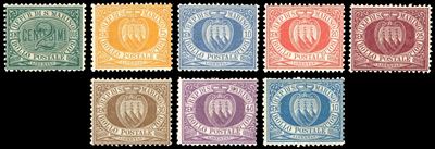 Cifra o Stemma, serie completa e 10 cent. azzurro, 1877/90, gomma originale