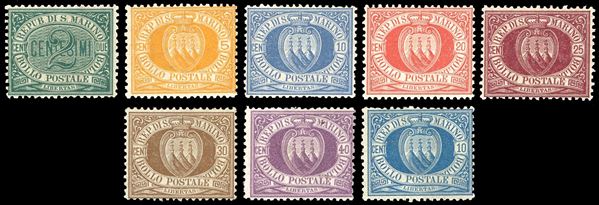 1877/90 - Cifra o Stemma, serie completa e 10 cent. azzurro (1/7,3A), nuovi, gomma originale, perfetti. Cert. Ferrario.