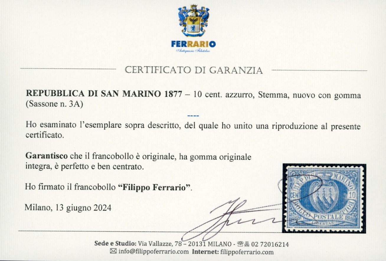 A.Diena, 1888 - 10 centesimi azzurro Stemma (3A), francobollo nuovo con gomma originale integra