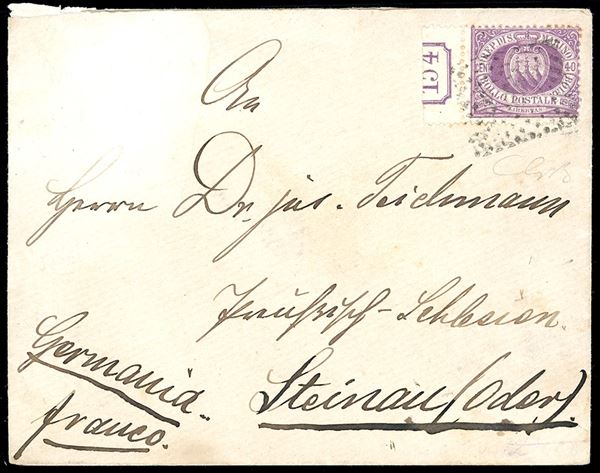 1889 - 40 cent. lilla scuro Stemma (7), bordo di foglio, con gran parte di numero di tavola in rettangolo, perfetto, su busta da San Marino 9/1/1889 (datario al verso) per Steinau, Germania, bollo d'arrivo. UNICO NOTO SU BUSTA, non catalogato, rarità per specialista. G.Bolaffi. Cert. Ferrario.