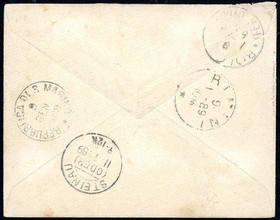Francobollo, 40 cent. lilla scuro Stemma, affrancato su busta da San Marino del 9 gennaio 1889