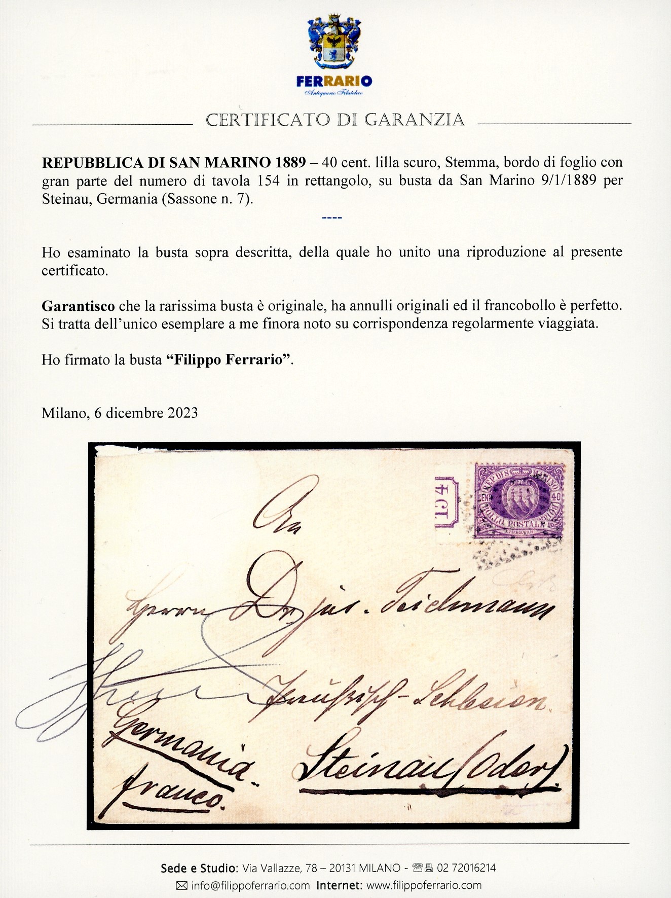 Francobollo, 40 cent. lilla scuro Stemma, affrancato su busta da San Marino del 9 gennaio 1889