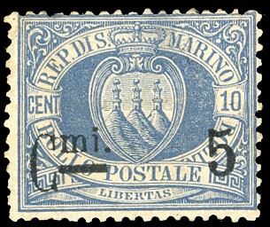 1892 - 5 cent. su 10 cent. oltremare Stemma, soprastampato, posizione 40 della composizione (8A), nuovo, gomma originale, leggera traccia di linguella, perfetto. Rarità della Repubblica di San Marino, di cui si conoscono solo una decina di esemplari nuovi. Raybaudi, cert. Ferrario ed Enzo Diena 1990.