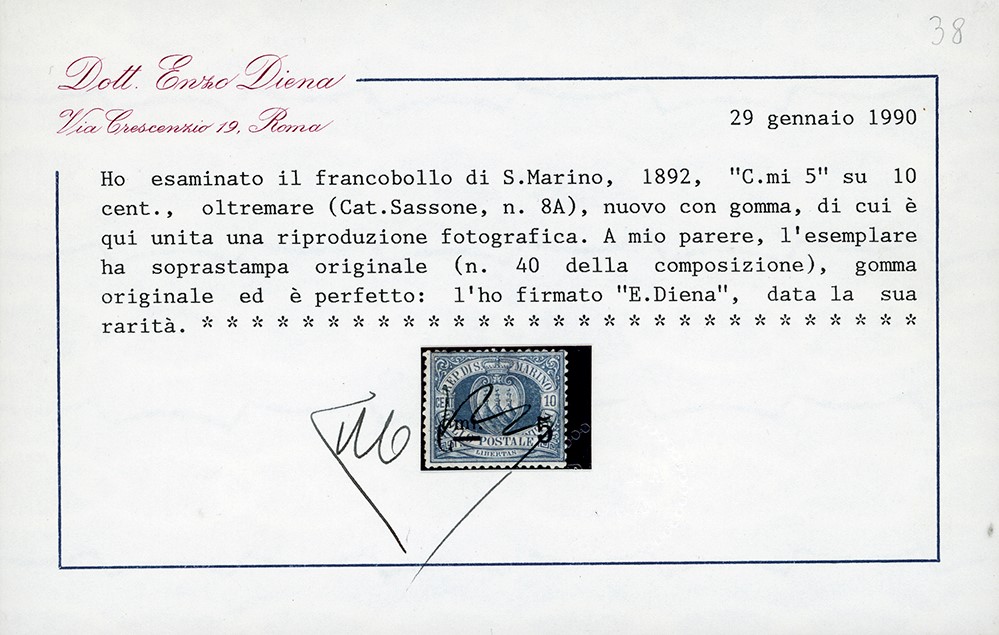 Repubblica di San Marino, Francobollo 5 cent. su 10 cent. oltremare Stemma, soprastampato, posizi...