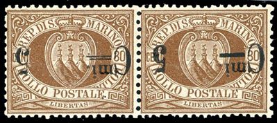 1892, 5 cent. su 30 cent., coppia orizzontale con soprastampa capovolta