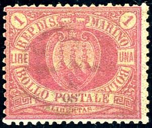 1892 - 1 lira carminio su giallo Stemma (20), nuovo, gomma originale integra, perfetto. Cert. G.Bolaffi.