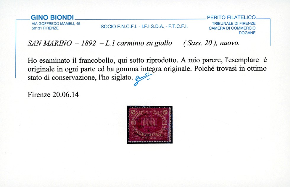 1892, 1 Lira Carminio su Giallo Stemma, gomma originale integra