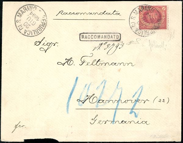 1894 - 1 lira carminio su giallo Stemma (20), perfetto, isolato su busta raccomandata da San Marino 20/6/1894 ad Hannover, Germania. Molto rara. A.Diena, Golinelli, cert. Ferrario.
