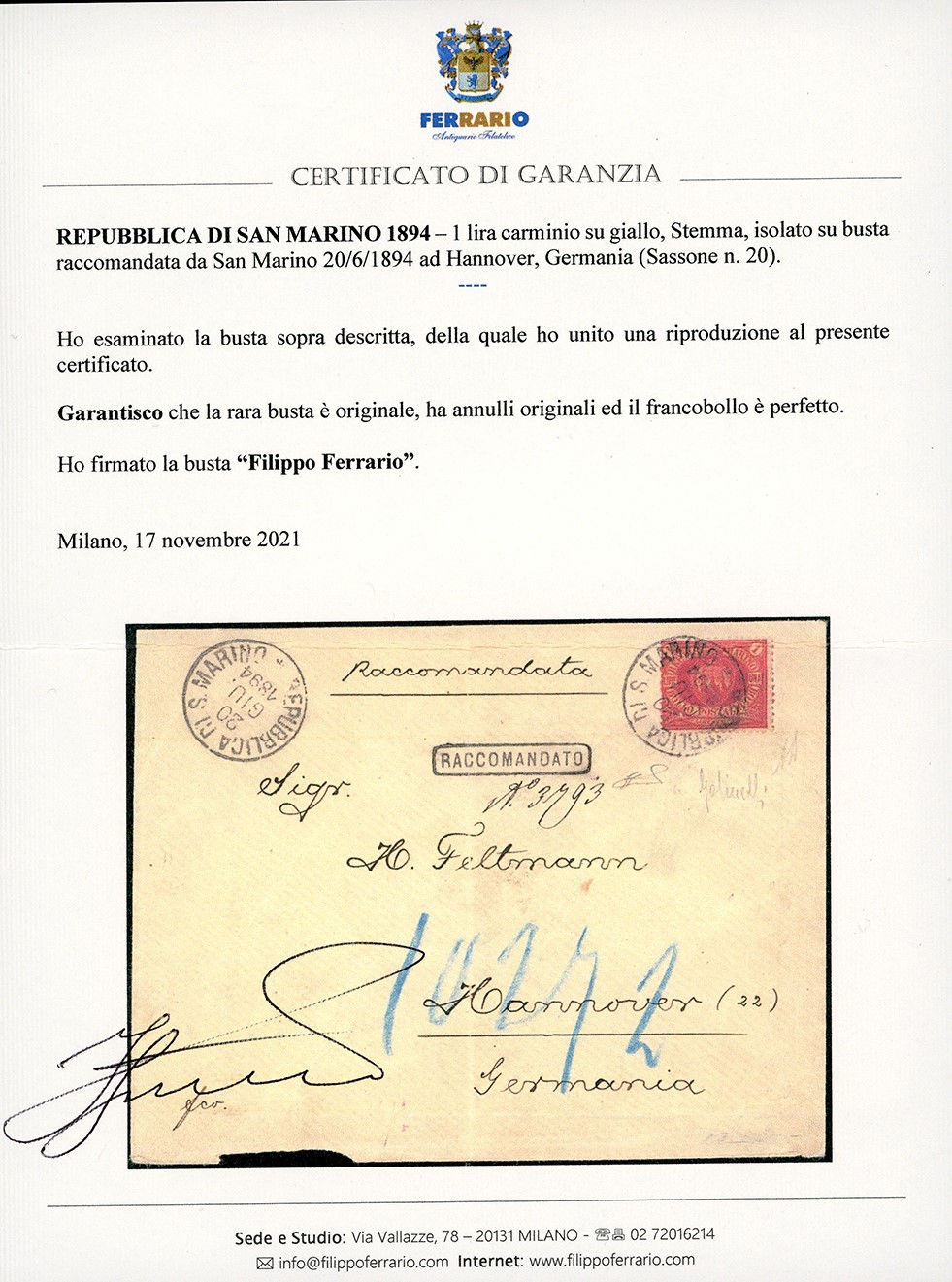 Moneta italiana, 1 Lira carminio su giallo con Stemma, 1894, rarità affrancata su busta raccomand...