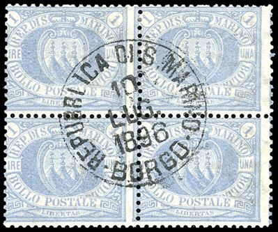 Emilio Diena, 1894 - 1 Lira Oltremare Stemma, blocco di quattro francobolli usati