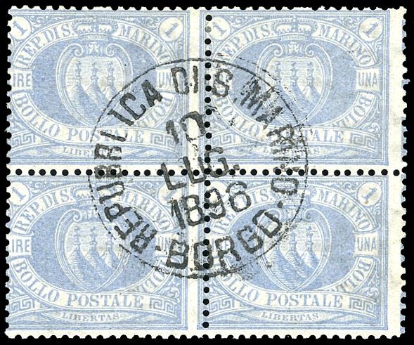 1894 - 1 lira oltremare Stemma (31), blocco di quattro, perfetto, usato. Molto fresco ed estremamente raro. Emilio Diena, cert. Diena.