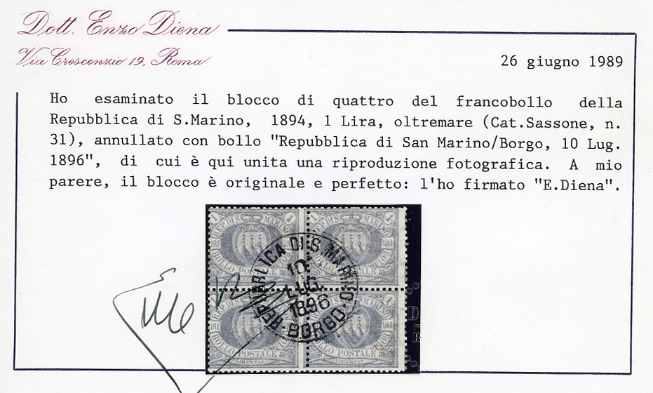 Emilio Diena, 1894 - 1 Lira Oltremare Stemma, blocco di quattro francobolli usati