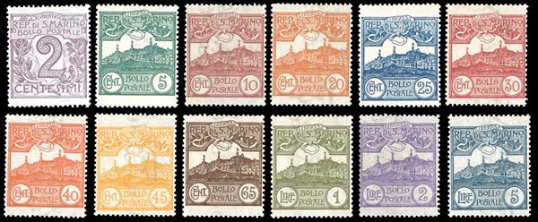 1903 - Cifra o veduta, serie completa (34/45), nuovi, gomma originale integra, perfetti. Molto freschi. Cert. Ferrario per i due alti valori.