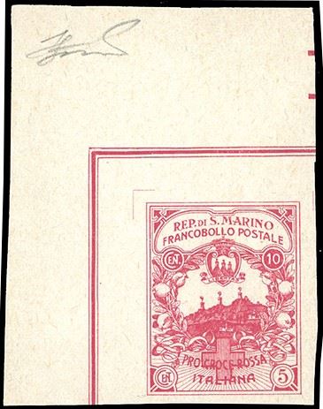 1916 - 10 + 5 cent. Croce Rossa, non emesso, non dentellato (CEI 50Aa, € 1.500+), angolo di foglio, nuovo, gomma originale integra, perfetto e molto fresco. Ferrario.  - Asta Filatelia - Cambi Casa d'Aste